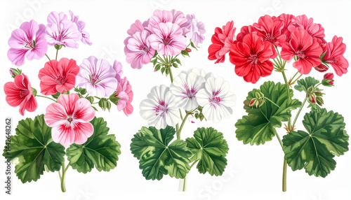 Obraz na płótnie Ilustracja vintage, kolorowe kwiaty Pelargonii na białym tle, tapeta, dekoracja. Generative AI w salonie