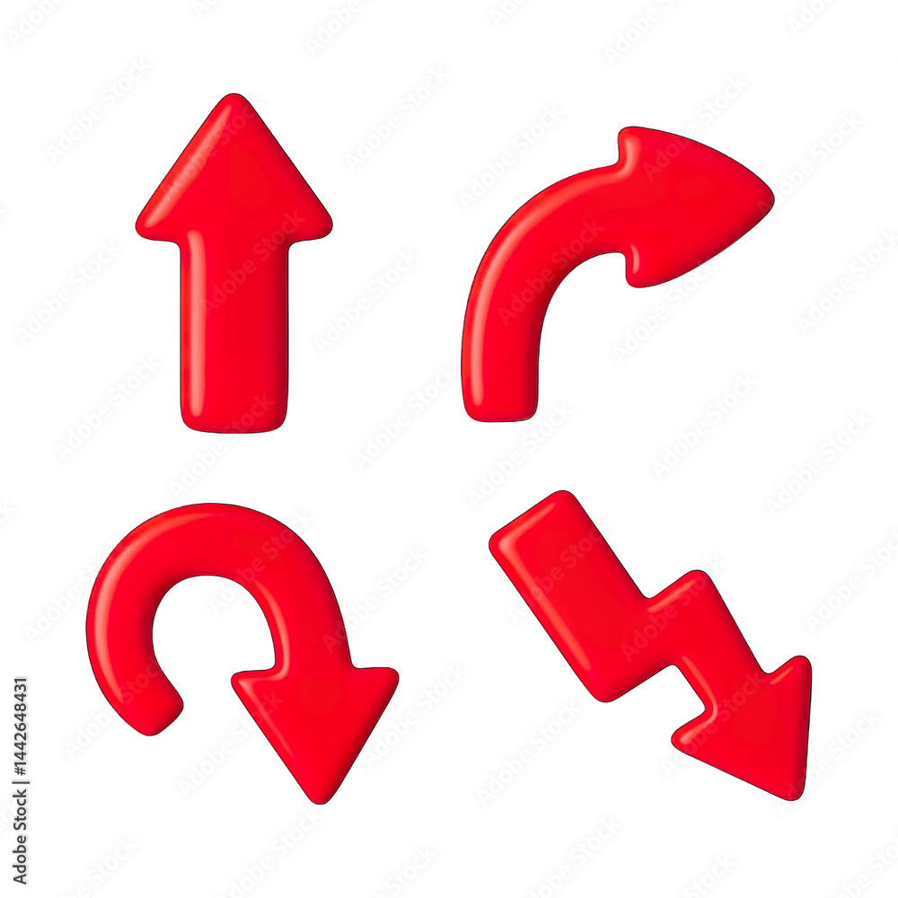 Set of red glossy arrows with various directions isolated on transparent background, generative ai Set of red glossy arrows with various directions isolated on transparent background, generative ai