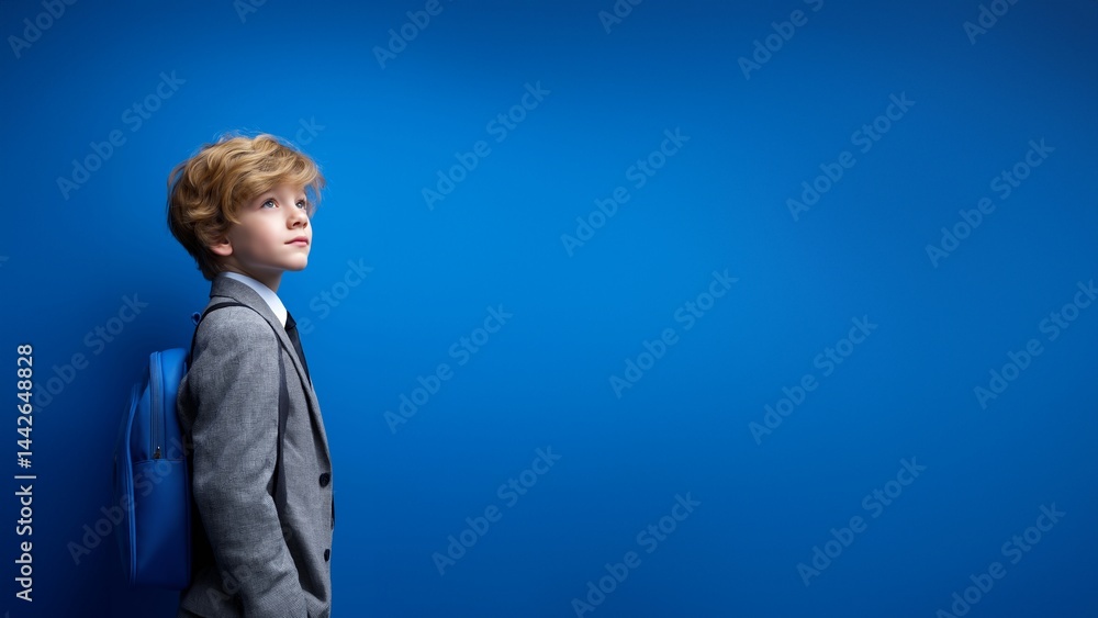 Blonder Junge im grauen Anzug mit Rucksack blickt seitlich vor blauem Hintergrund im minimalistischen Stil