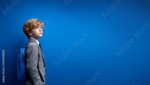 Obraz na płótnie Blonder Junge im grauen Anzug mit Rucksack blickt seitlich vor blauem Hintergrund im minimalistischen Stil w salonie