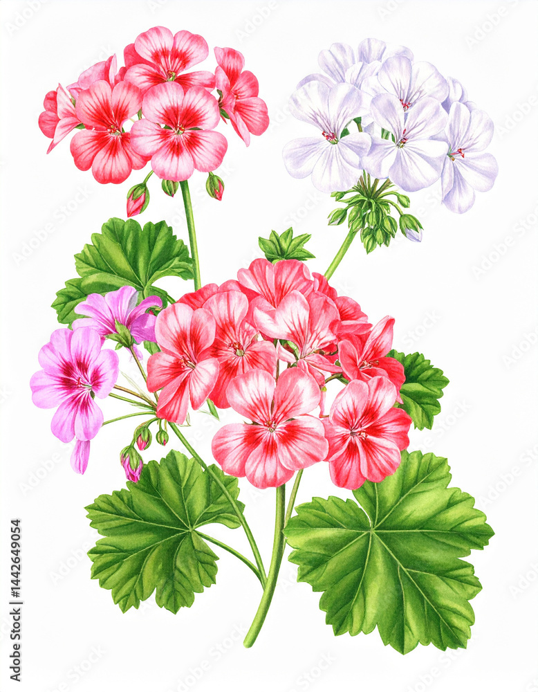 Ilustracja vintage, kolorowe kwiaty Pelargonii na białym tle, tapeta, dekoracja. Generative AI
