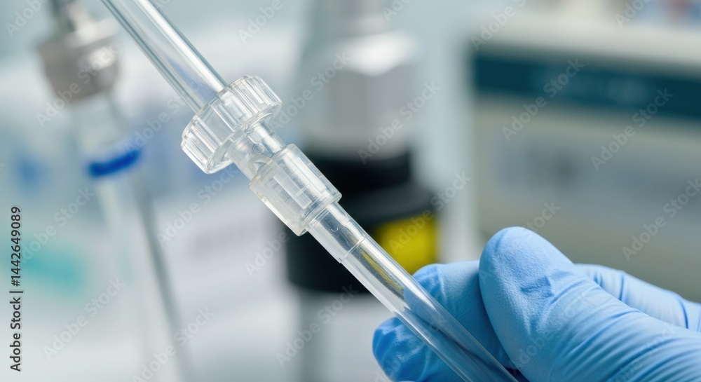 Gloved hand handling laboratory equipment for scientific analysis in medical research setting Gloved hand handling laboratory equipment for scientific analysis in medical research setting
