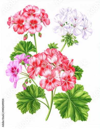 Obraz na płótnie Ilustracja vintage, kolorowe kwiaty Pelargonii na białym tle, tapeta, dekoracja. Generative AI w salonie