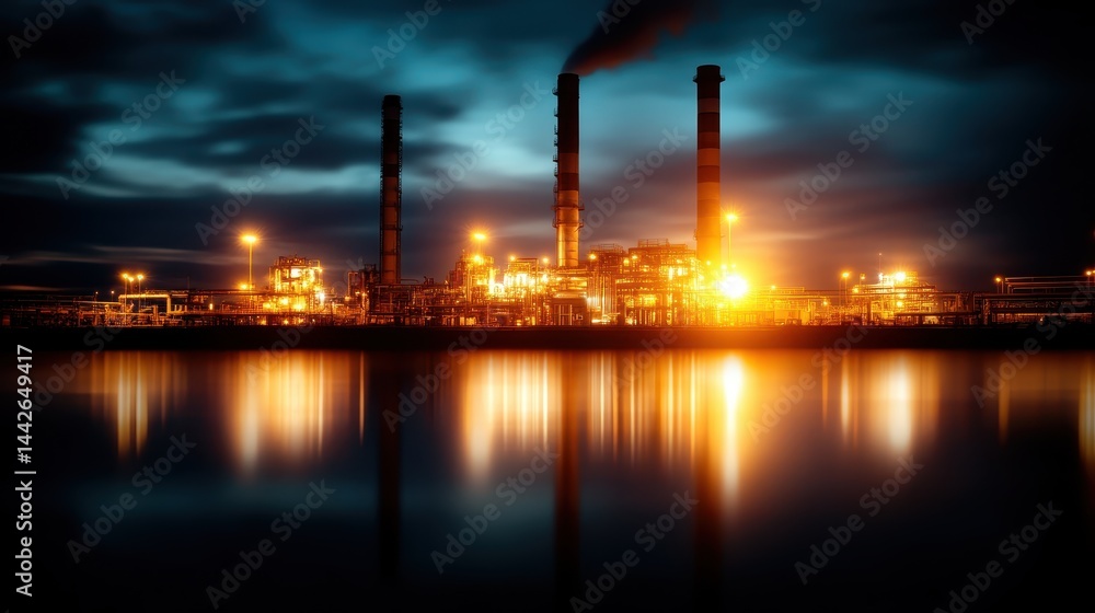 Naklejka premium A striking view of an industrial landscape at dusk, with towering smokestacks and glowing lights reflected in calm waters, evoking a sense of progress and modernity.