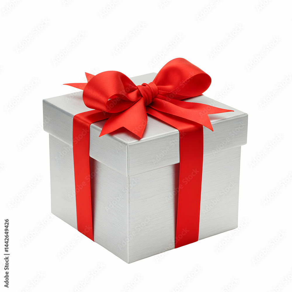 Obraz premium Silver Gift Box with Red Ribbon