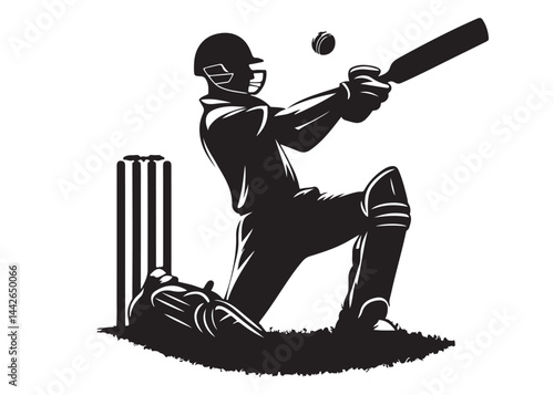 Silhouettes of cricket player batsman logo vector silhouette, playing cricket logo icon design vector, cricket player logo playing short, silhouette of cricket player on isolated white background.