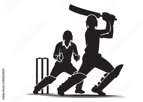 Silhouettes of cricket player batsman logo vector silhouette, playing cricket logo icon design vector, cricket player logo playing short, silhouette of cricket player on isolated white background.