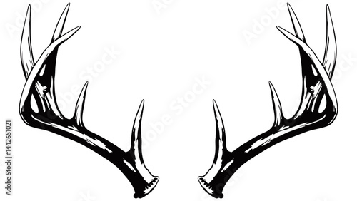 A black and white hand-drawn illustration of symmetrical deer antlers. The rustic and detailed design symbolizes nature, wilderness, and hunting, ideal for logos, decor, and outdoor-themed art.