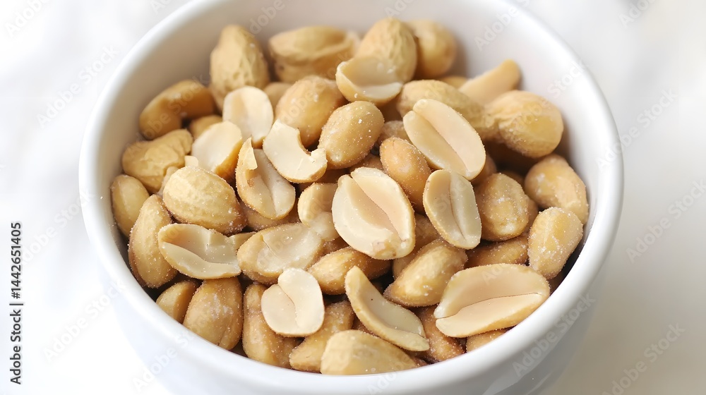 Closeup of Salted Peanuts in White Bowl, Delicious Snack Food Closeup of Salted Peanuts in White Bowl, Delicious Snack Food