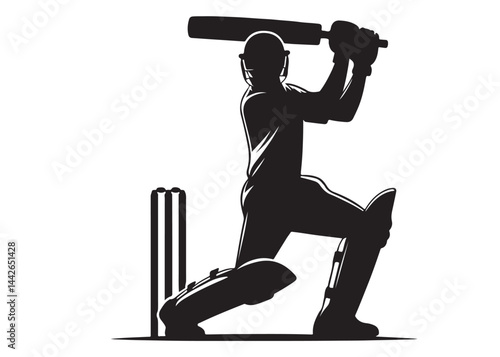 Silhouettes of cricket player batsman logo vector silhouette, playing cricket logo icon design vector, cricket player logo playing short, silhouette of cricket player on isolated white background.