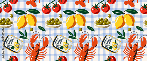 Seamless vector pattern with lobster, lemons, olives, cherry tomatoes, sardine cans and olive leaves on blue checkered background. Ideal for summer food packaging, textiles and kitchen decor.