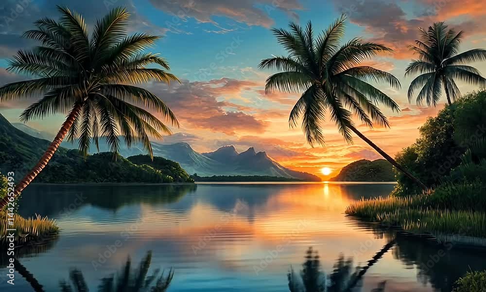 Tropical sunset over a calm lake with palm trees. Tropical sunset over a calm lake with palm trees.