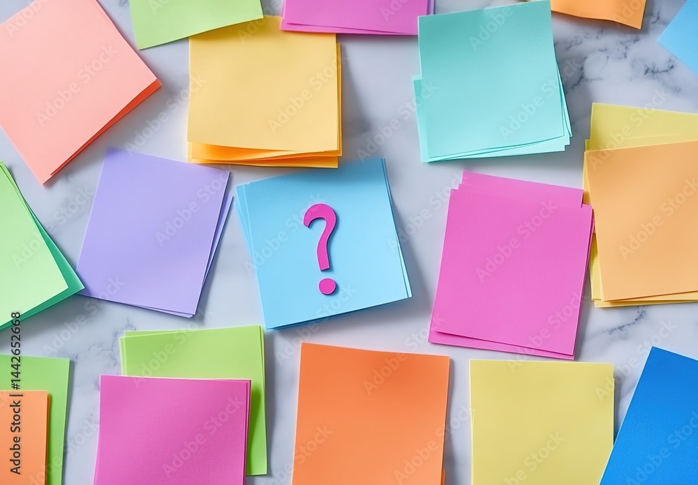Fototapeta premium Colorful sticky notes scattered on a white marble background with a note featuring a question mark.