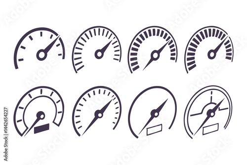 Speedometer Vector Icon Set. Automotive Dashboard Elements Including Speed, Fuel, RPM, and Tachometer Gauges for Speed Measurement and Car Instrument Panels