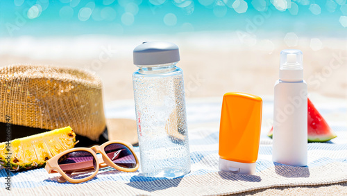 Sun safe beach wellness essentials: Sunscreen, hat, sunglasses, water for hydration & fruit on summer day