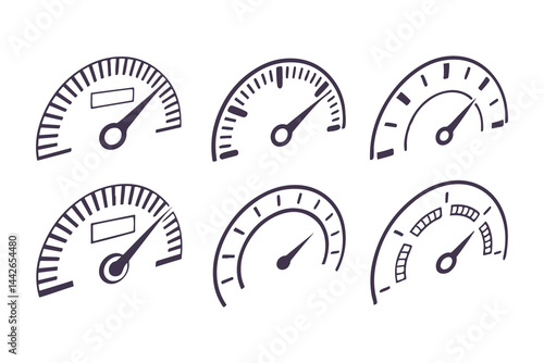 Speedometer Vector Icon Set. Automotive Dashboard Elements Including Speed, Fuel, RPM, and Tachometer Gauges for Speed Measurement and Car Instrument Panels