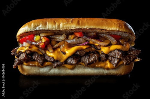 Detailed macro shot of two Philly cheesesteaks, stacked high with juicy steak