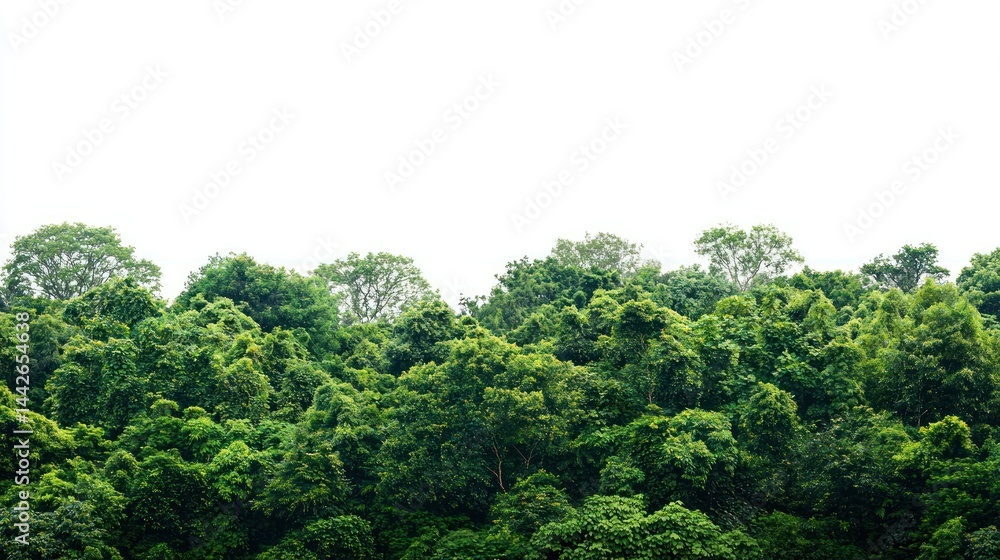 Obraz premium Thick forest with a variety of tree species and vibrant green vegetation on white background.
