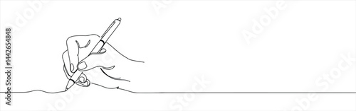Hand writing or drawing continuous one line drawing. Line with pen.