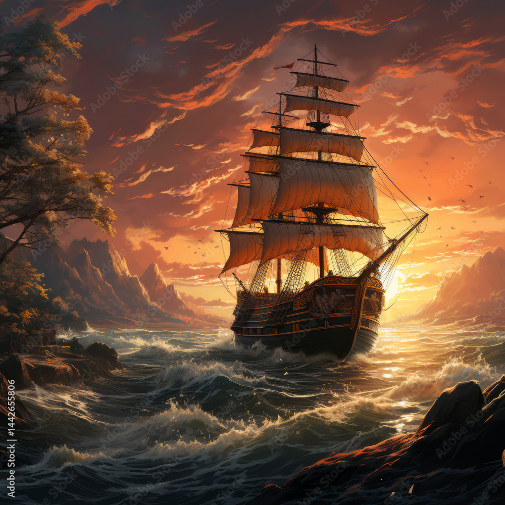 Fototapeta premium Pirate Galleon at Sunset Near Rocky Shores.