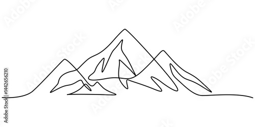 Minimalist mountain continuous one line drawing vector illustration, Continuous one line drawing of mountain range landscape. Adventure winter sports concept. Doodle hand drawn pro vector illustration