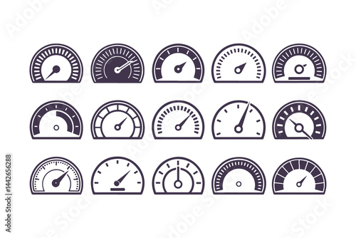 Speedometer Vector Icon Set. Automotive Dashboard Elements Including Speed, Fuel, RPM, and Tachometer Gauges for Speed Measurement and Car Instrument Panels
