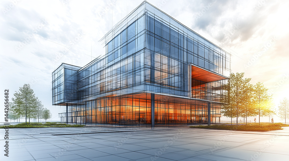 Obraz premium Modern architectural design featuring glass office building with sleek exterior and vibrant