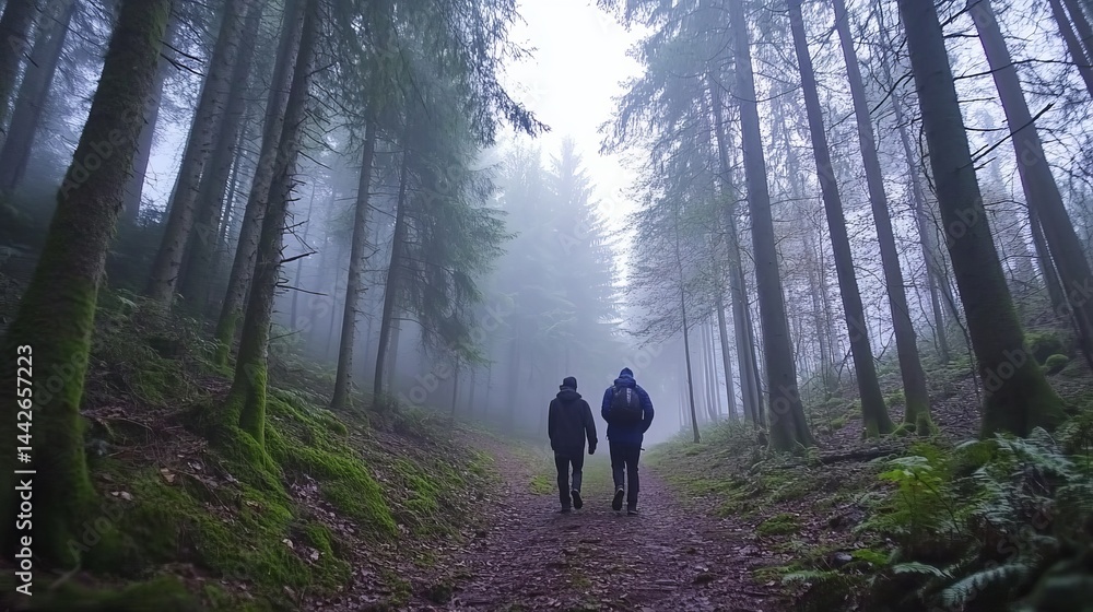 Obraz premium Two hikers walking misty forest path green moss trees fog view calm dark mood woods image light