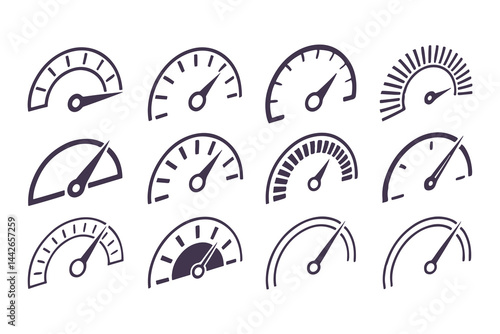 Speedometer Vector Icon Set. Automotive Dashboard Elements Including Speed, Fuel, RPM, and Tachometer Gauges for Speed Measurement and Car Instrument Panels