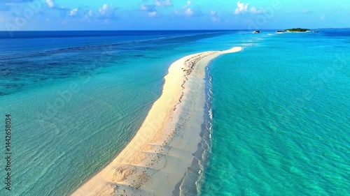  Aerial view with Tropical sandbar in maldives paradise and blue sea. Maldivian sandbank in Indian ocean