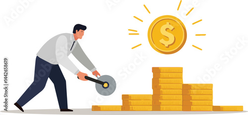 Create a Money management, financial planning or wealth management or investment portfolio, paying for tax, loan or debt, inflation concept, businessman using pizza cutter to split golden dollar money