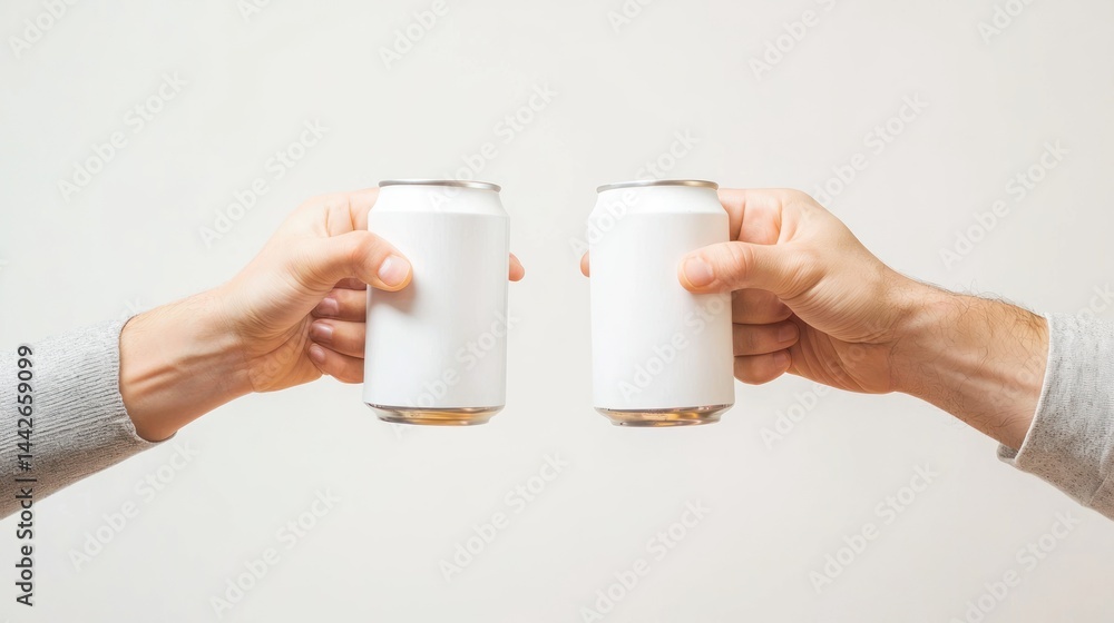 Toast between two hands with white aluminum beer cans, fingers relaxed, on a white background. Toast between two hands with white aluminum beer cans, fingers relaxed, on a white background.