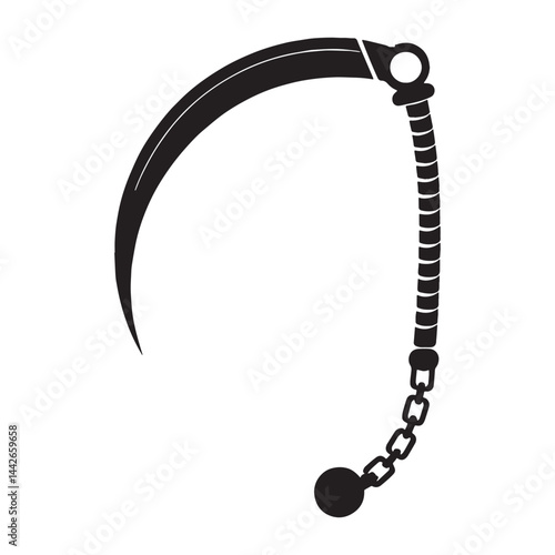Traditional Kusarigama silhouette, a weapon of fear and finesse – Kusarigama illustration – Minimalist Kusarigama vector – Weapon silhouette

