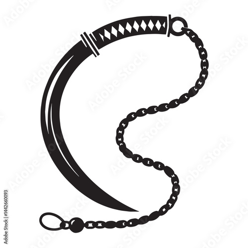 Fearsome Kusarigama silhouette, the weapon of stealth and precision – Kusarigama illustration – Minimalist Kusarigama vector – Weapon silhouette

