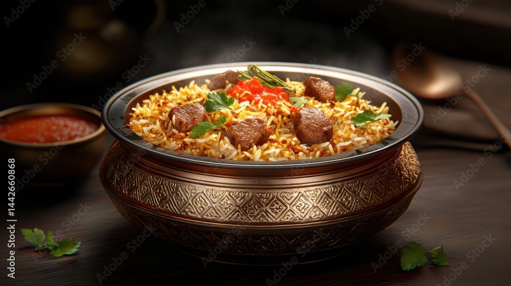 Lay art composition of biryani, luxurious textures of meat, rice, and aromatic garnishes Lay art composition of biryani, luxurious textures of meat, rice, and aromatic garnishes