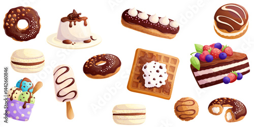 A set of delicious creamy chocolate desserts on a white background. The concept of confectionery, baking, cooking. Isolated vector illustrations for menu design, posters, banners, covers