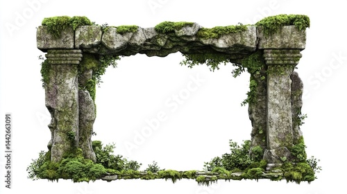 Overgrown stone archway frame, isolated.