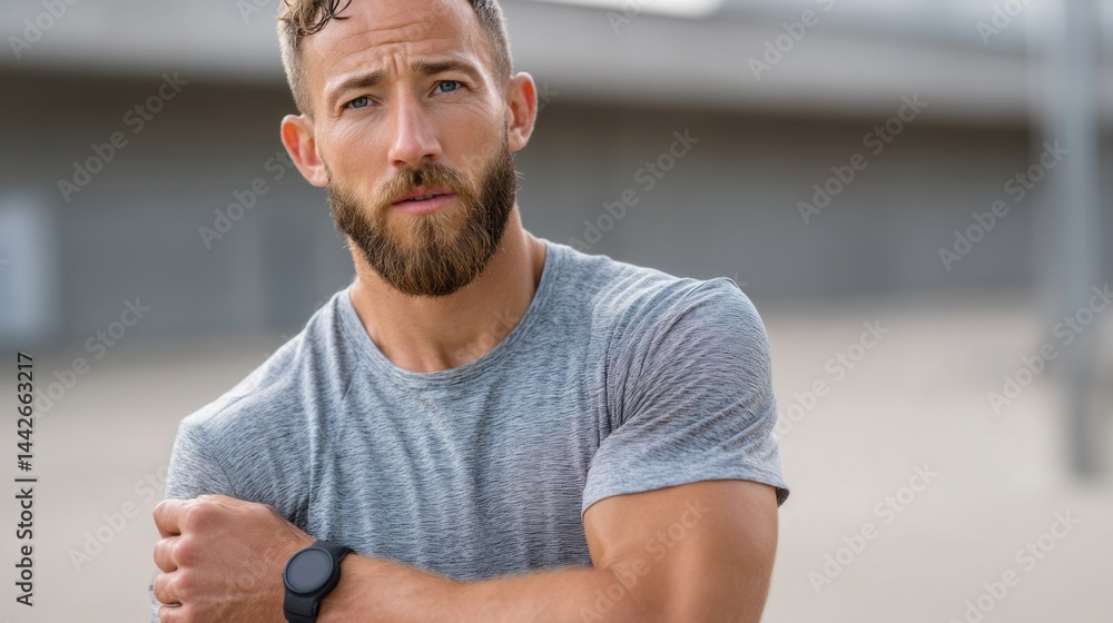 Muscular trainer in fitness attire engages in a training session outdoors, demonstrating focus and commitment to health and fitness with an urban backdrop