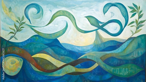Abstract Blue Green Landscape Painting Waves Swirls Nature Art