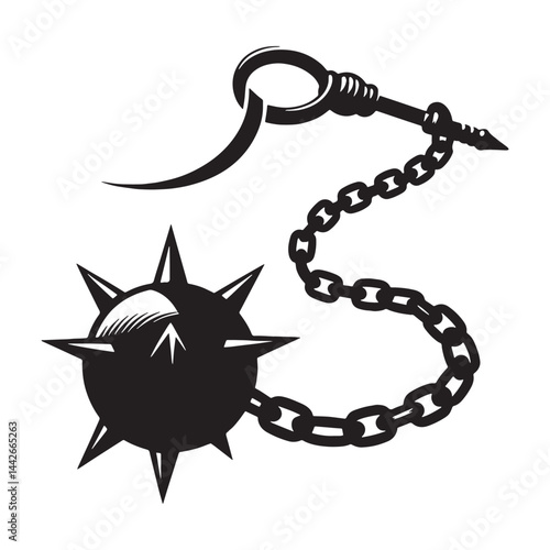 Heavy Flail silhouette, crafted for devastating impact – Flail illustration – Minimalist Flail vector – Weapon silhouette

