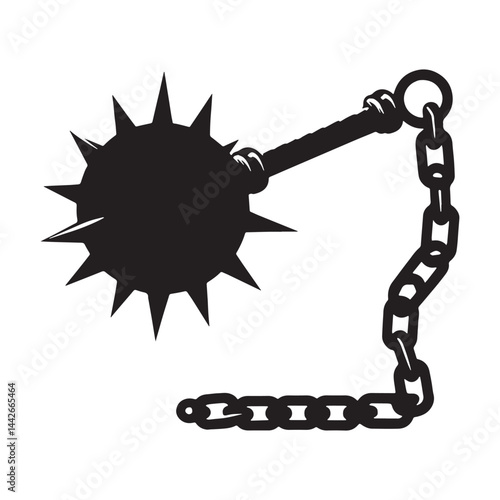 Iconic Spiked Flail silhouette, representing medieval brutality – Flail illustration – Minimalist Flail vector – Weapon silhouette

