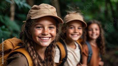Three cheerful girls wearing caps and backpacks are laughing and posing for a photo, celebrating friendship amidst the beauty of a green forest landscape during their adventure.