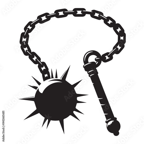 Spiked Flail silhouette, designed for maximum damage – Flail illustration – Minimalist Flail vector – Weapon silhouette

