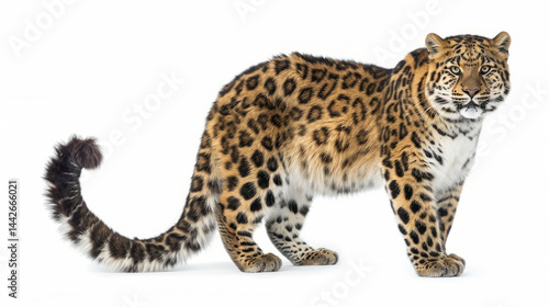 Red Book Amur Leopard - standing, tail curled, gazing forward, isolated on white background