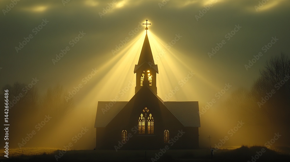 Fototapeta premium Church, dawn, foggy field, divine light, hope, faith, spirituality, religious, worship, serenity