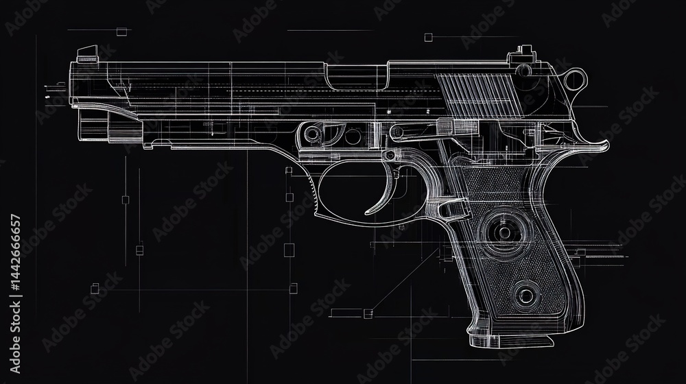 Line-drawing of a pistol with internal mechanics on black background. Line-drawing of a pistol with internal mechanics on black background.