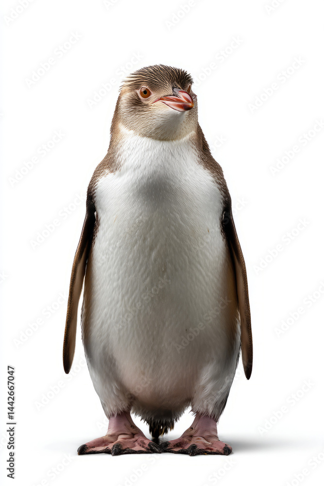 Fototapeta premium Red Book Yellow-eyed Penguin - standing upright, facing camera, isolated on white background