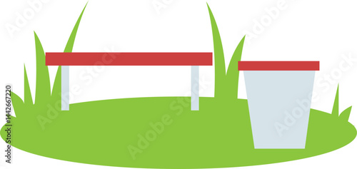 Simple illustration of a bench and trash can on green grass.