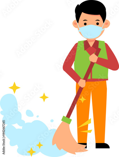 Cartoon janitor wearing a face mask and sweeping the floor.