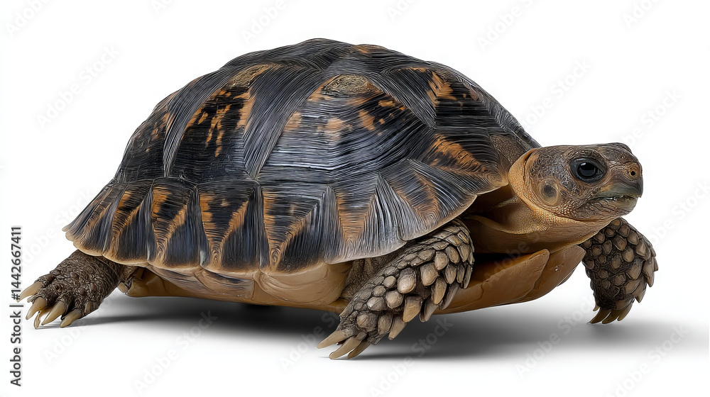 Fototapeta premium Red Book Ploughshare Tortoise - standing, shell pattern visible, isolated on white background